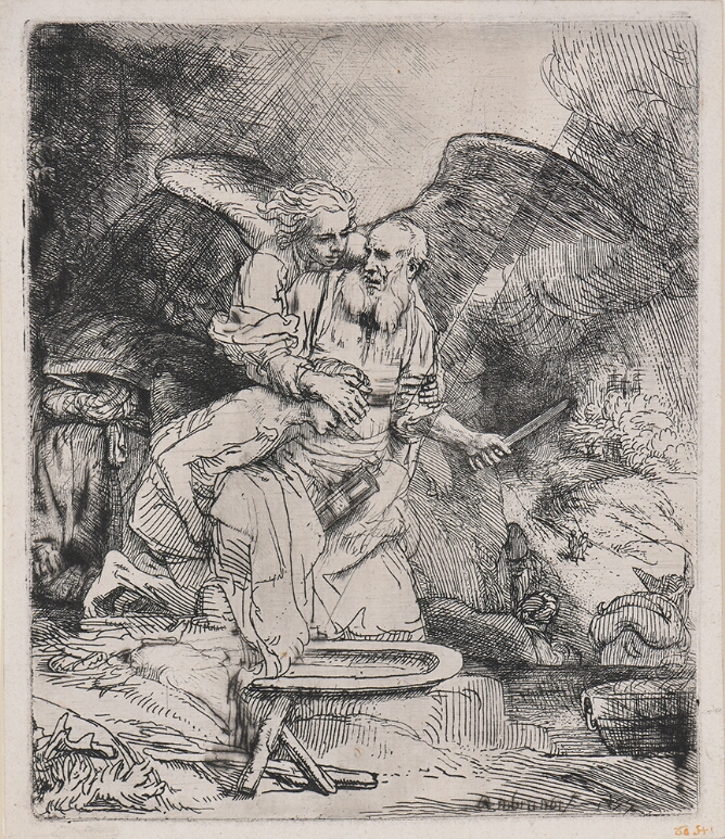 A black and white print of a standing man covering the eyes of a boy kneeling next to him and holding a knife with his other outstretched hand. An angel from behind restrains the man
