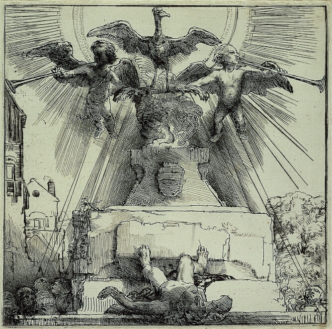 A black and white print of a phoenix with outstretched wings perched on a pedestal flanked by two trumpeting putti set against rays of light. A fallen statue of a figure lies at the foot of the pedestal