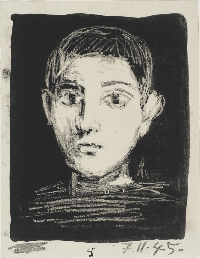 A black and white print of the head and neck of a young boy against a black background