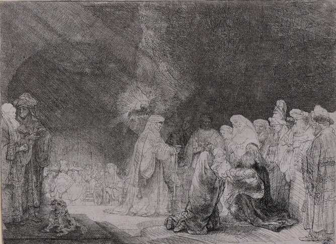A black and white print of a sitting man in dark robes holding a baby in front of a kneeling woman with figures gathered around. To the viewer's left, two standing figures converse by a sitting dog