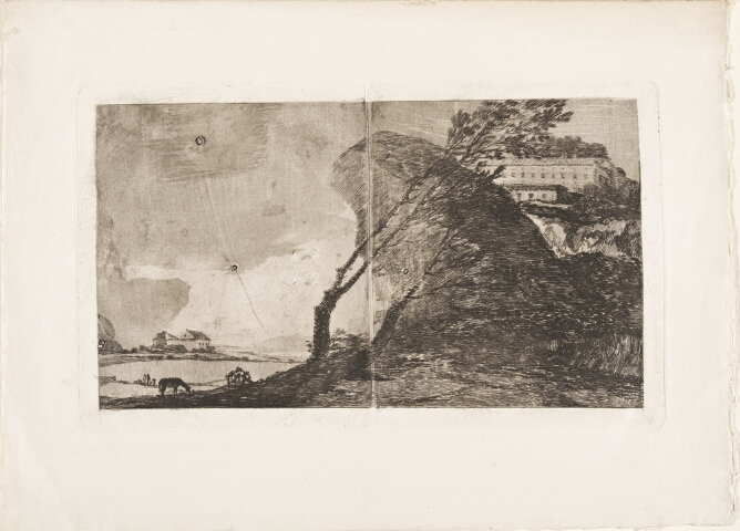 A black and white print of a slender tree leaning across a boulder with a building behind. To the viewer's left, an animal grazes in a valley