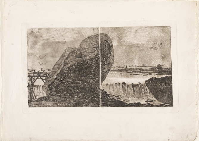 A black and white print of a boulder in front of a bridge and waterfall