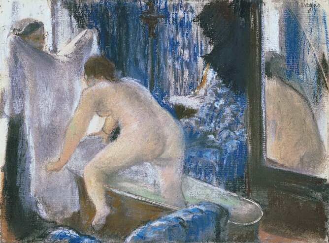 A color print of a nude woman seen from behind getting out of a bathtub in front of another woman holding an outstretched sheet