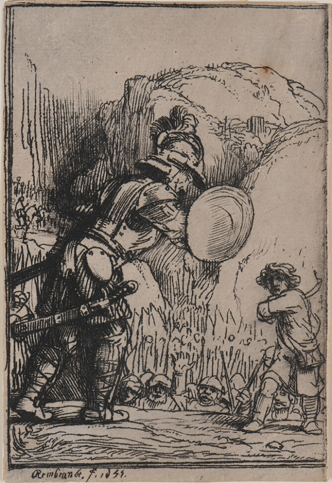 A black and white print of a giant armored man and a young boy approaching each other with a crowd below and hills in the background