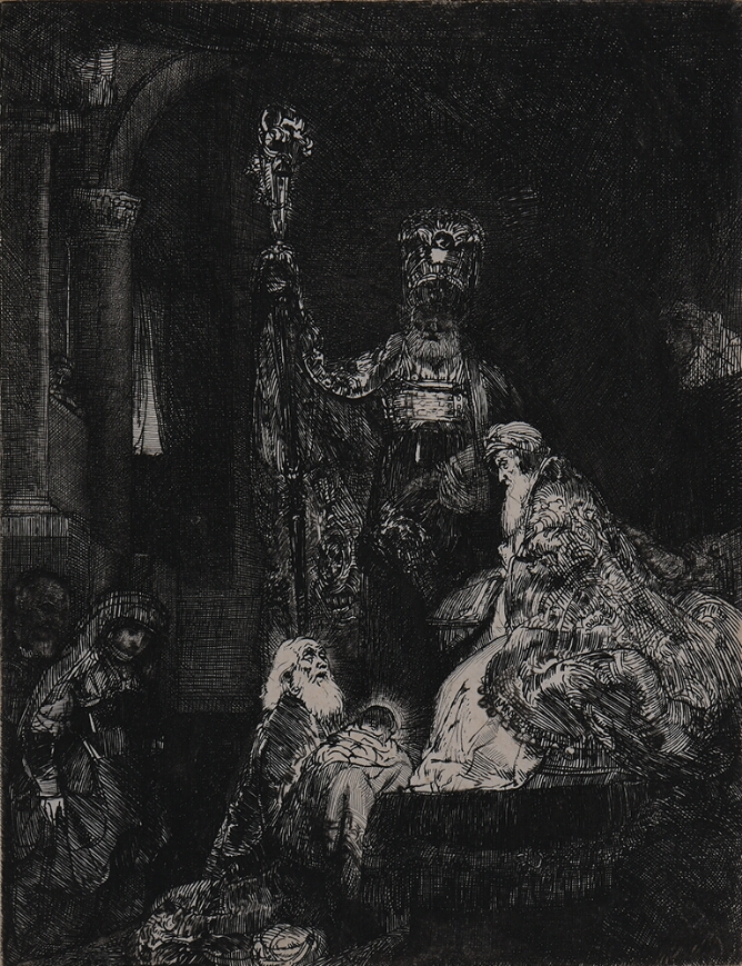A dark black and white print of an elderly man kneeling, holding a baby before a seated man while another man with a tall headdress and staff stands beside them. A man and woman kneel to the viewer's left