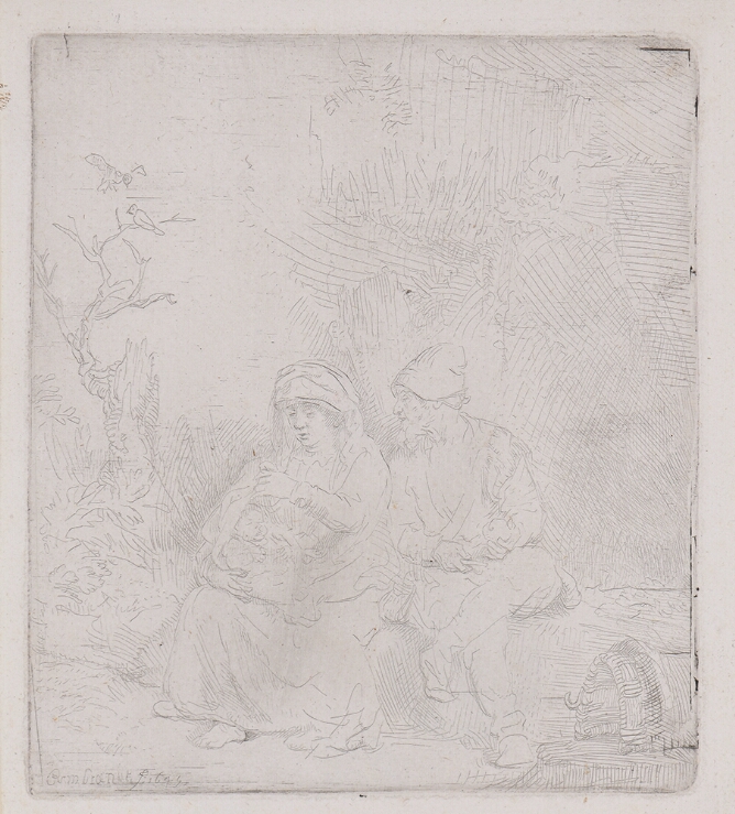 A faintly visible black and white print of a woman and man sitting on a log. The woman holds a baby in her lap as the man gazes at the baby while holding a knife and a fruit in his hands