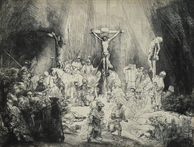 A black and white print of a man on a cross between two other men on crosses with figures on horseback and other figures in distress around them