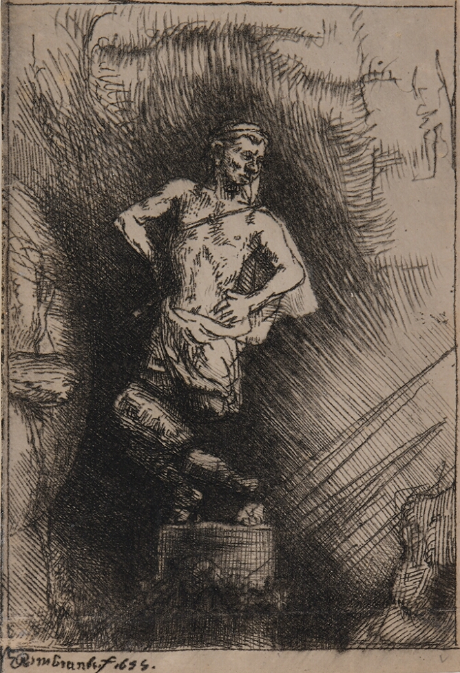 A black and white print of a statue of a man with his hands on his hips standing on a pedestal with broken legs