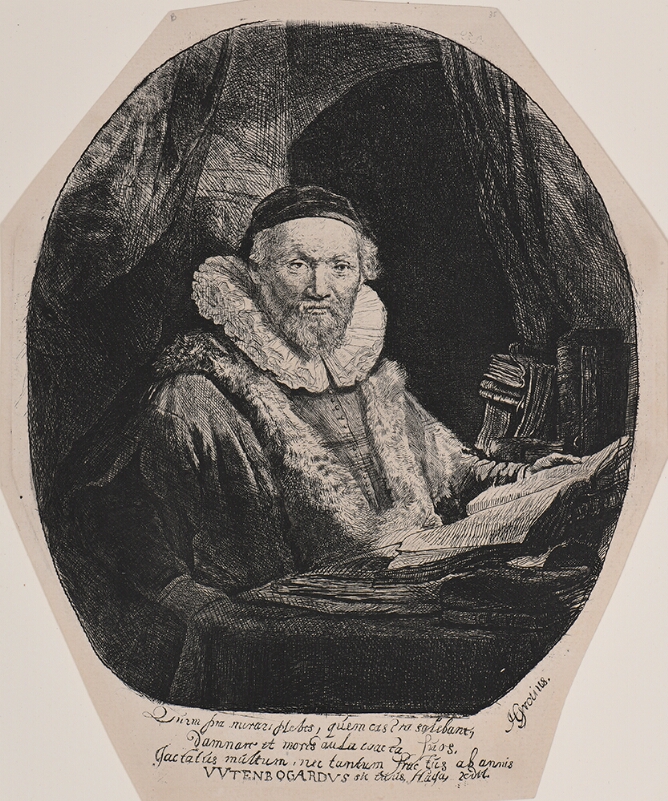 A black and white print of a bearded man wearing a cap, large collar and fur stole sitting at a desk and holding open a book