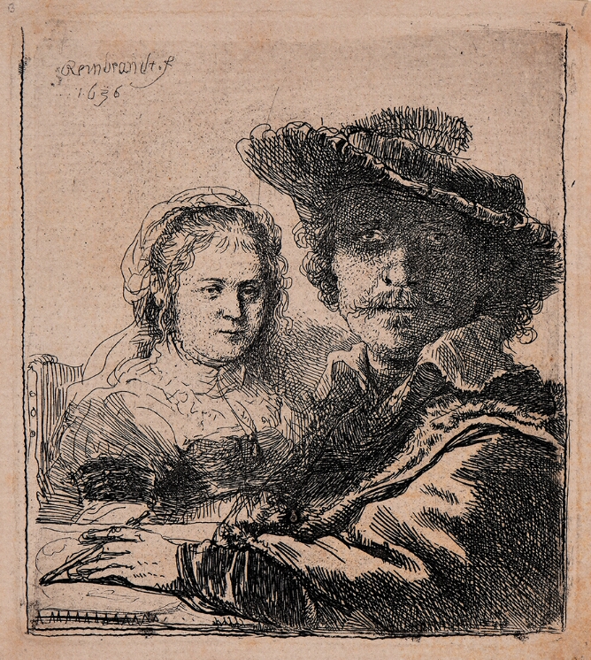 A black and white print of a man and woman sitting at a table shown from the chest up. The man wears a plumed hat and holds a drawing instrument with his outstretched arm on the table, while the woman wears a veil beside him