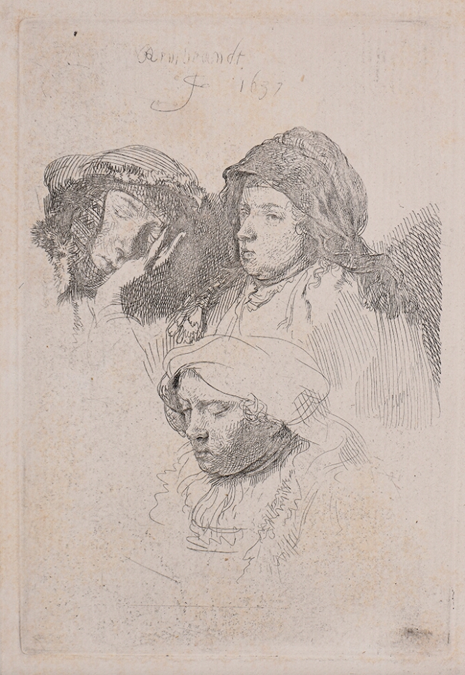 A black and white print of three women's heads with headdresses. One woman sleeps with her head resting on her hand, another looks on, and below them, a third woman's eyes are closed