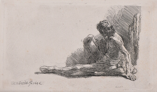 A black and white print of a sitting nude man facing away from the viewer with one leg extended, the other bent, supported by his left hand behind him