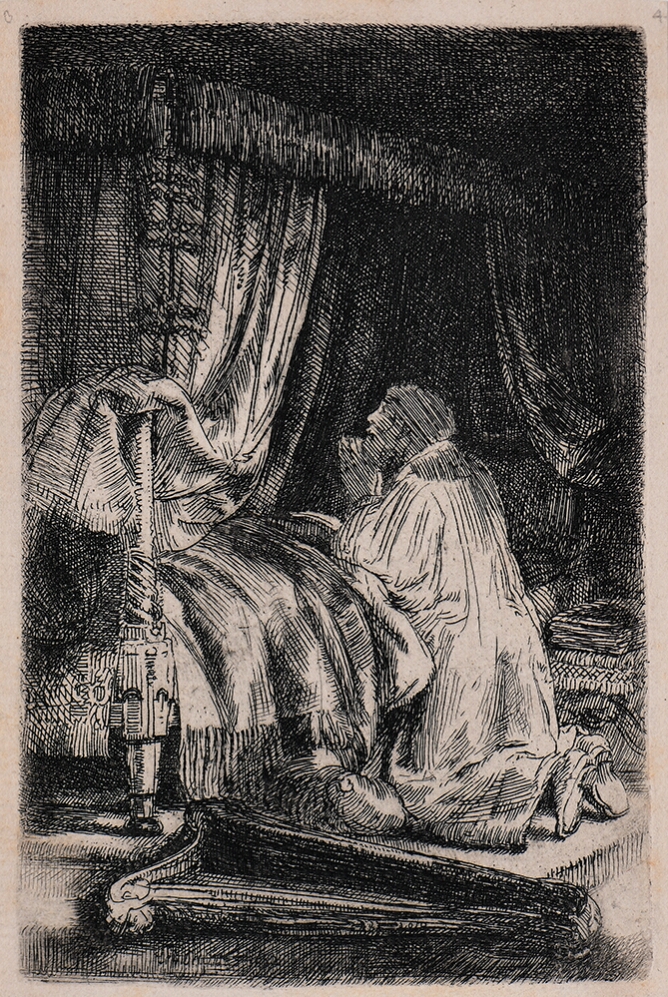 A black and white print of a man kneeling in prayer by a canopied bed. A harp lies on the floor in the foreground
