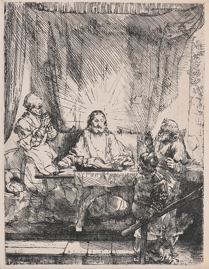 A black and white print of a man sitting at a table holding bread with rays of light around his head. To his right, another man stands with hands in prayers while two additional men witness