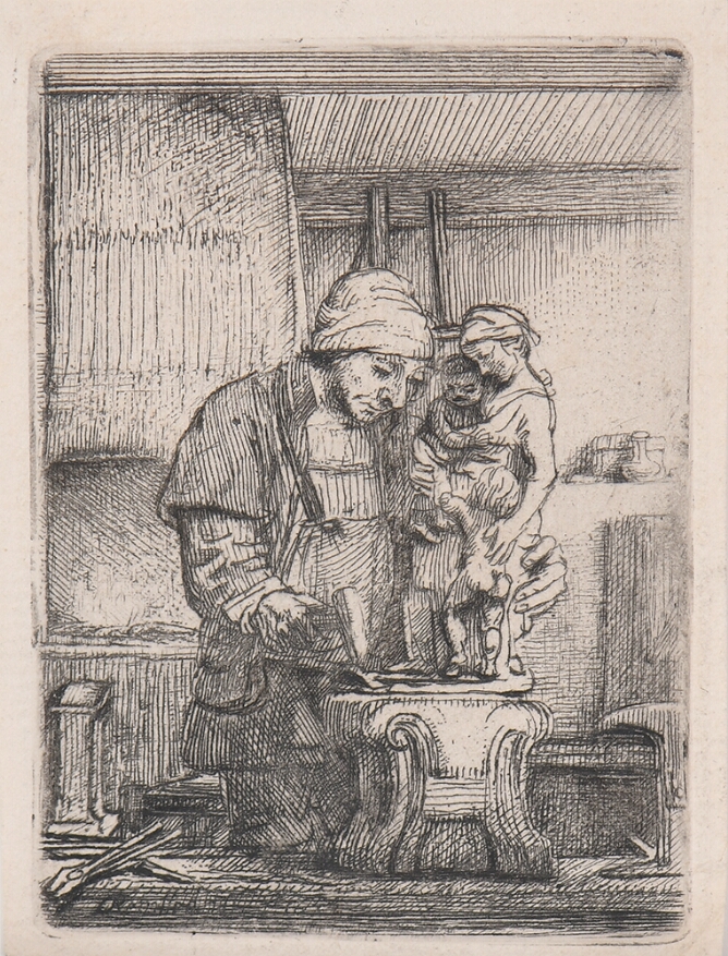 A black and white print of a standing man holding a hammer and a sculpture on a pedestal of a standing woman carrying a child with another child at her waist