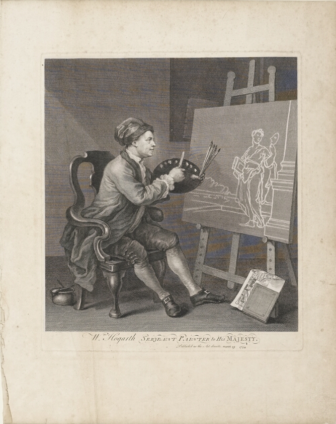 A black and white print of a man sitting in a chair holding a palette and brushes in front of an easel displaying a painting of a standing woman. A book with a paper inside leans against the easel's base