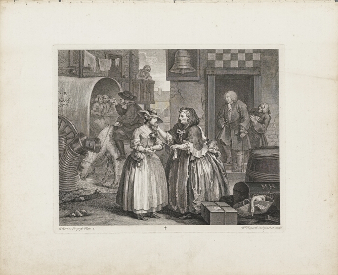 A black and white print of a standing young woman facing another woman who reaches for her face. Behind them, two men stand at a doorway and another man on horseback faces a wagon
