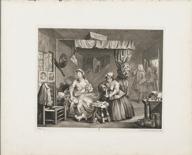 A black and white print of a woman sitting on a bed in a shabby room holding a watch, attended to by another woman who fills a teapot, as men enter the room