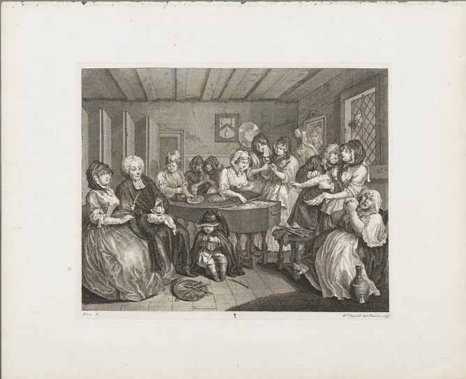 A black and white print of figures gathered around an open coffin, with a child sitting in front of it
