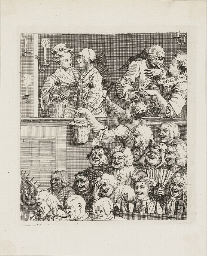 A black and white print of an audience laughing while in a box above, two men make advances towards two women. Below, the audience and musicians are separated by spikes on a ledge