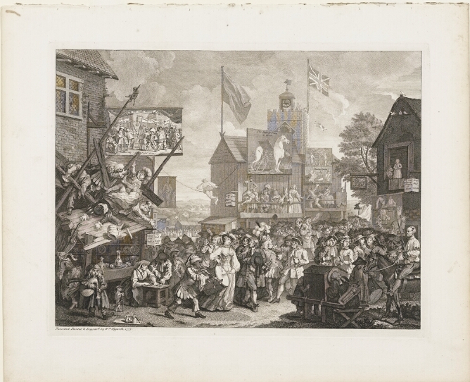 A black and white print of a crowded fairground with figures engaging in various activities: some play instruments, one swings on a rope, and others tumble from a balcony