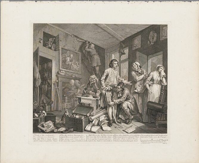 A black and white print of a standing man in a room offering coins to a crying woman, while another man measures his leg. A third man sits at a desk behind with a quill in his mouth. In the background, a figure on a ladder patches a wall with coins falling out