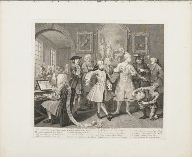 A black and white print of a standing young man in a room surrounded by men holding musical instruments, a vessel and fencing sword. To the viewer's left, a figure plays the piano with a scroll of paper flowing down the back of their chair