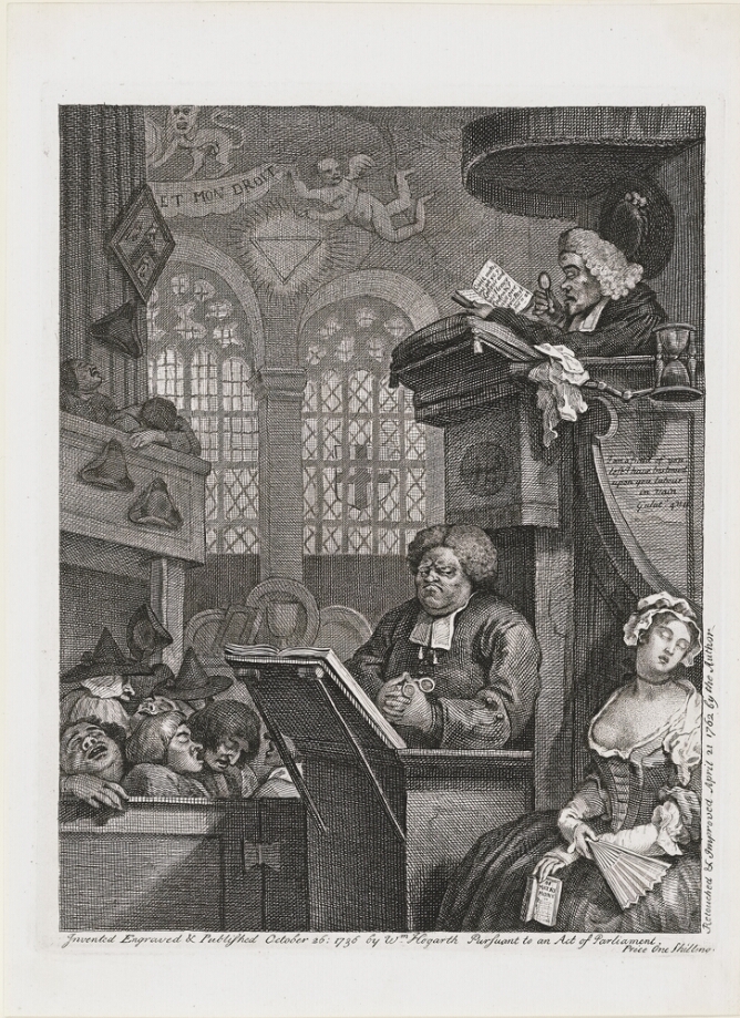 A black and white print of figures sleeping in a church while a man at the pulpit reads from a book, and another man below the pulpit gazes downward at a woman's chest as she sleeps