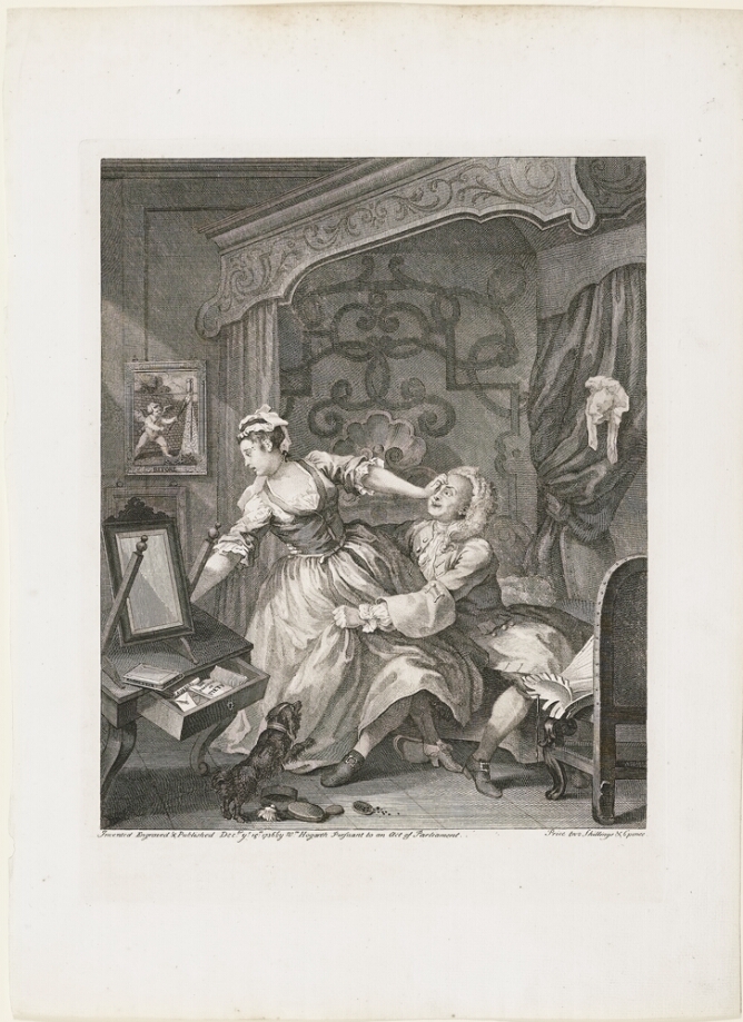 A black and white print of a man in a room sitting on a bed pulling a standing woman towards him as she pushes him away. A dog jumps beside her while a table falls down