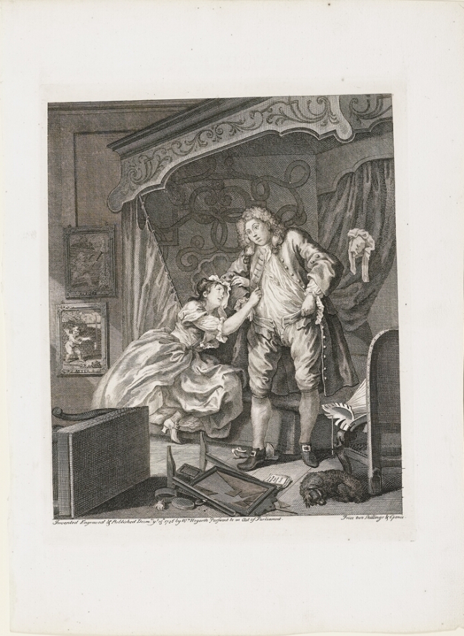 A black and white print of a woman in a room sitting next to a bed and tugging on the shirt of a standing man pulling up his pants