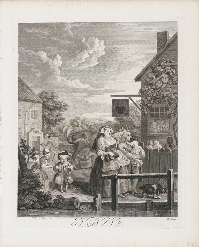 A black and white print of a woman and a man carrying a child walking alongside a river and building, with two other children following behind them