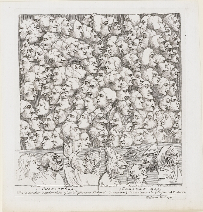A black and white print of many heads in profile arranged in a tiered format. At the bottom, a panel featuring a variety of caricature heads