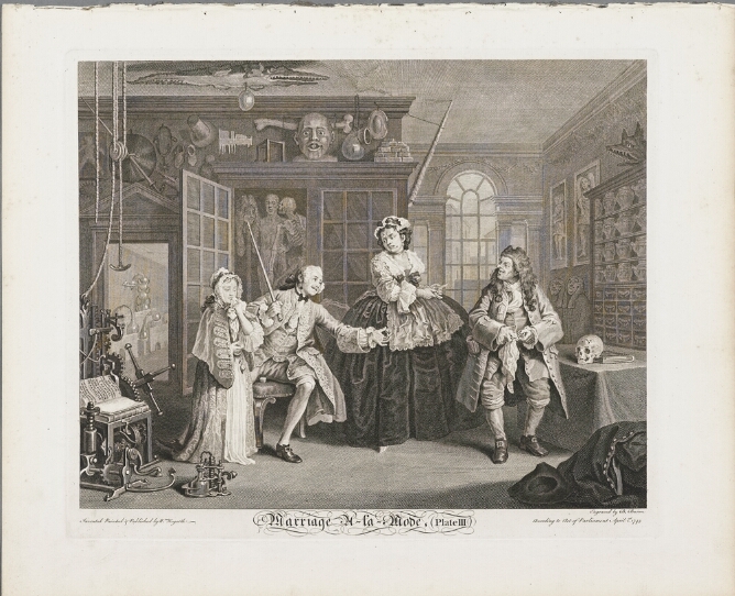 A black and white print of a woman in a large hoop skirt glaring at a man sitting in a chair beside a standing girl in a room full of miscellaneous objects including a machine, crocodile, skeleton, mummies and vessels