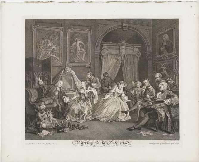 A black and white print of well-dressed figures lounging in a lavish room. A central standing woman leans in towards a singing man and flautist, while a dark-skinned man behind her serves a beverage