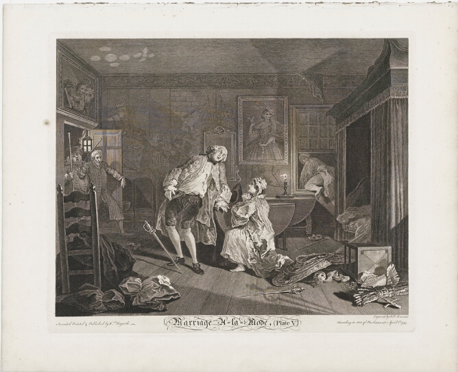 A black and white print of a woman on her knees in a room beside a standing man with stab wounds to his chest, leaning on a table next to a sword, while another man climbs out the window