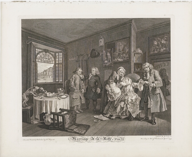 A black and white print of a woman lying on a chair in a room while a child held by another woman reaches for her face, and a standing man removes a ring from the woman's hand. To the viewer's left a dog is eating off the table