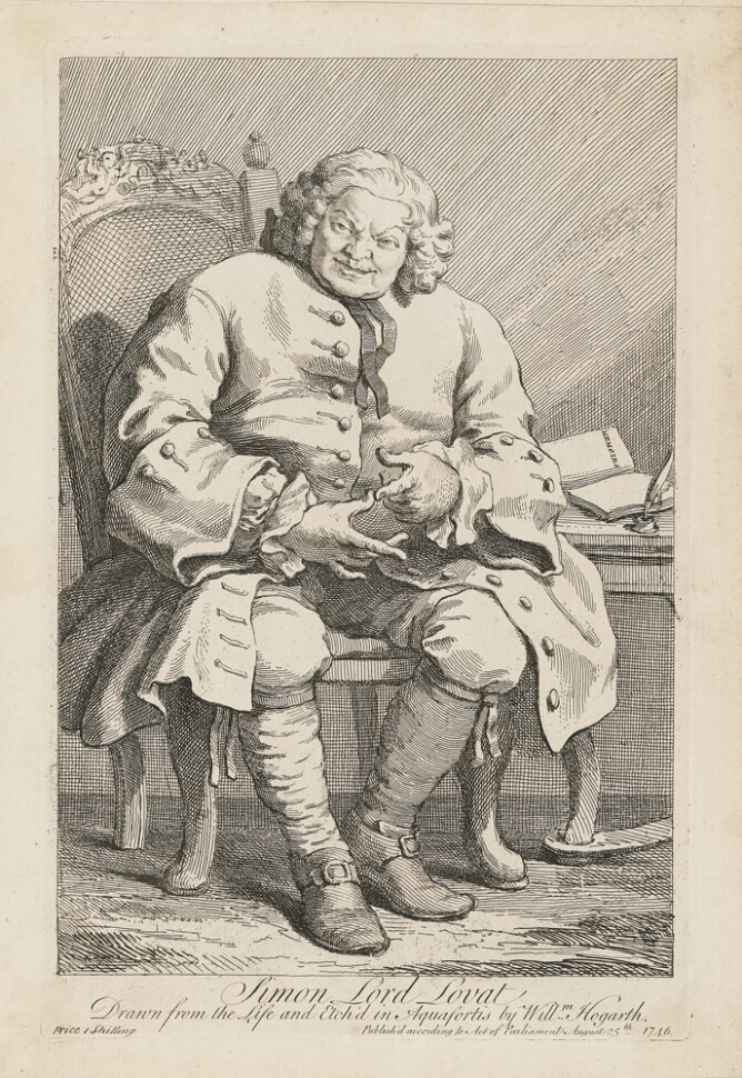A black and white full-length portrait of a man with a raised eyebrow sitting in a chair beside a table with an open book and quill. His fingers are touching by his waist