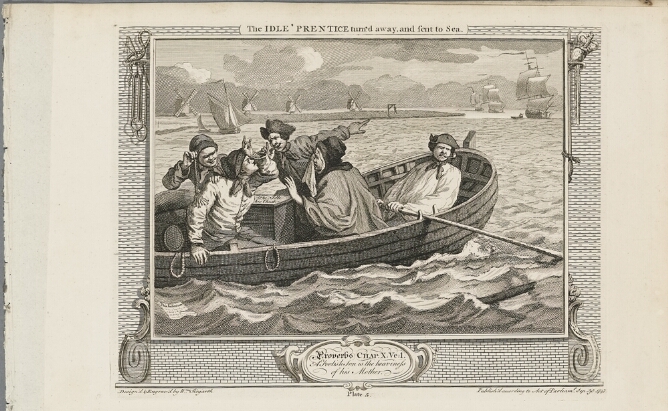 A black and white print of a man smoking a pipe and rowing a boat with figures. In the background are sailboats and windmills