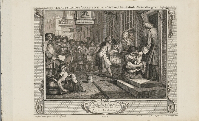 A black and white print of a crowd with drums and bones outside a building. To the viewer's left, a figure on the ground without legs holds out a paper, while a standing man at a doorway empties a plate into a kneeling woman's apron