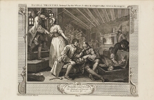 Industry and Idleness: The Idle 'Prentice Betray'd by His Whore, and Taken in a Night Cellar with His Accomplice