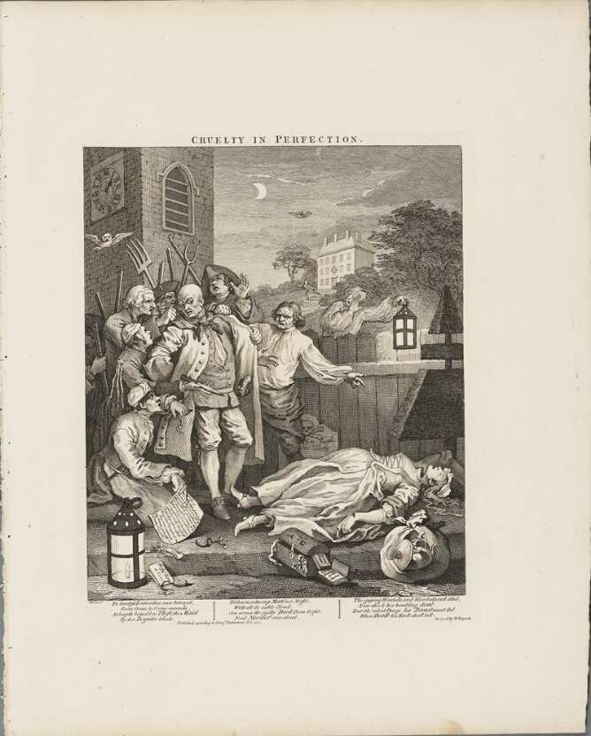 A black and white print of a disturbing scene featuring a woman lying on the ground with an almost severed head, wrist and finger. A sack of goods and chest lie next to her as a group of men with a knife, pitchforks and sticks stand before her