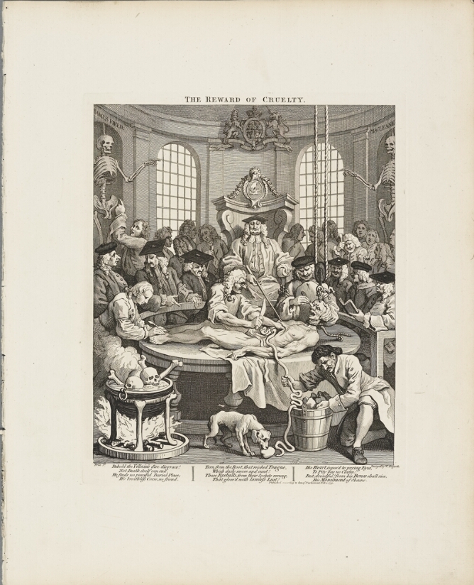 A black and white print of a disturbing scene featuring a man lying on a table with a rope around his neck being dissected by three other men. Figures witness, as a pot of skulls and bones cook to the viewer's left