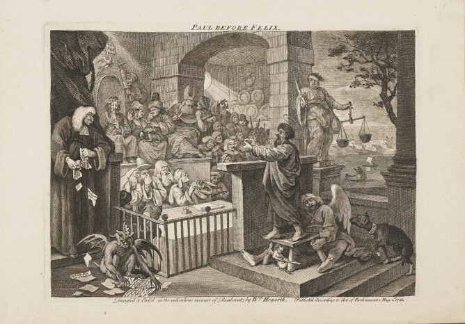 A black and white print of a man standing on a stool held by an angel sitting on the ground. He faces another man sitting on a platform with a group of figures. To the viewer's left, a standing man tears paper gathered by a winged demon