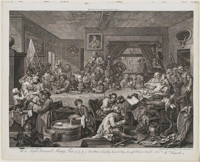 A black and white print of a chaotic group of figures gathered around two dining tables in a room. In the foreground, a boy pours liquid from a small barrel into a container and a man pours liquid from a bottle onto a man's wounded head