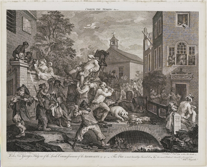A black and white print of a man being carried in a chair through a street with a crowd of unruly figures