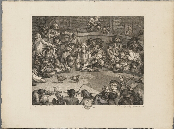 A black and white print of a crowd gathered around a chicken fight