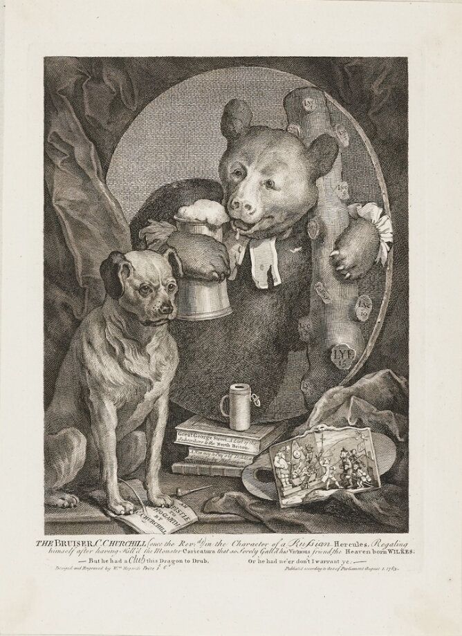 A black and white print featuring an oval portrait of a bear holding a tall mug and a club. Beside the portrait, a sitting dog urinates on an open book that reads An Epistle to Hogarth by C. Churchill