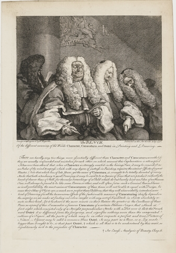 A black and white print of three men wearing wigs sitting next to each other. One holds a paper and quill while the other two are sleeping. A fourth figure sits behind them. Below the image is lengthy text on character versus caricature