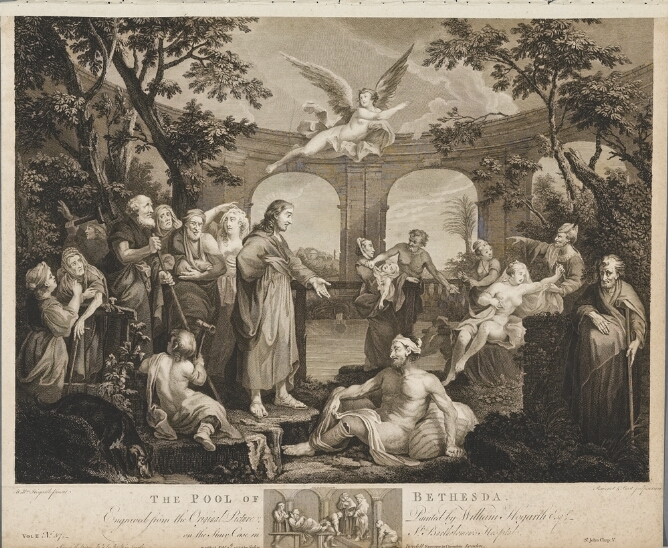 A black and white print of a standing man beside a pool gesturing towards a man on the ground with surrounding figures and an angel flying above