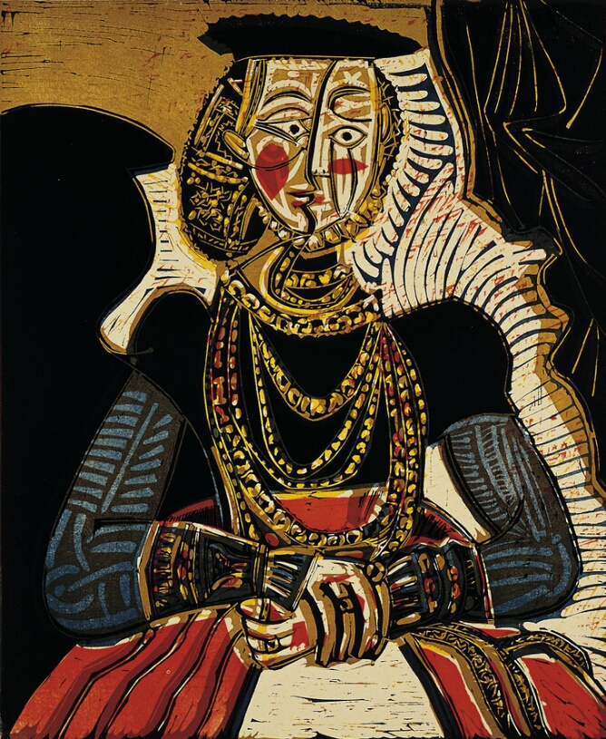 An abstract, colorfully patterned half-length portrait of a woman in a dress with rows of necklaces, and her hands folded in her lap